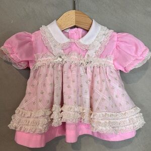 Vintage 80’s Mini World Pink White Lace Sheer floral overlay 3-6 months